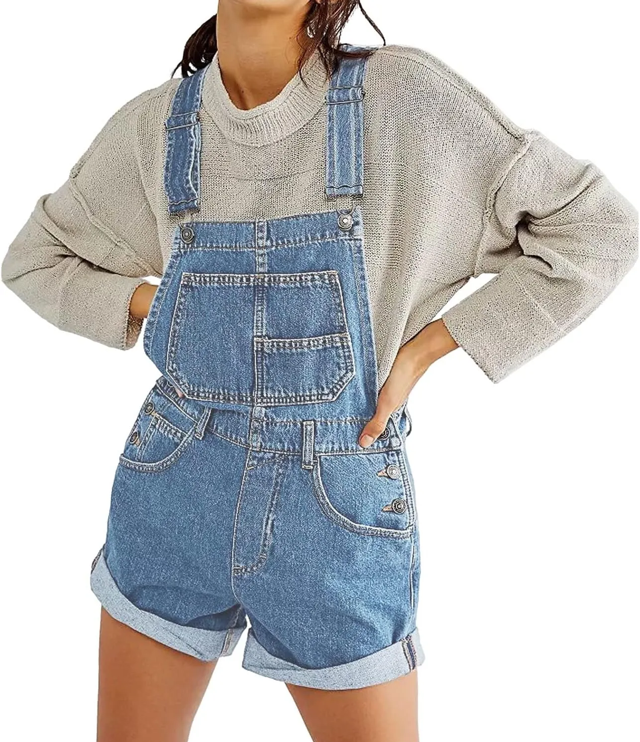 Women's Casual Denim Bib Overall Shorts Adjustable Straps Cuffed Hem Shortall Rompers