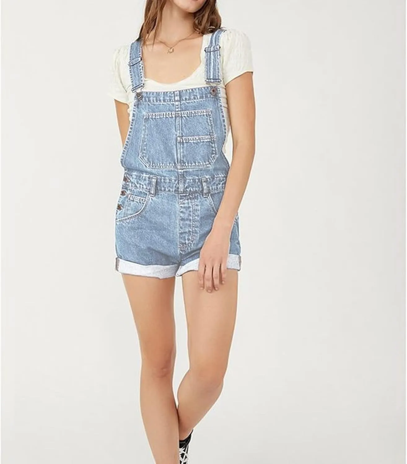 Women's Casual Denim Bib Overall Shorts Adjustable Straps Cuffed Hem Shortall Rompers