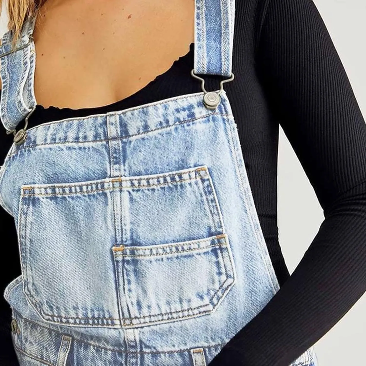 Women's Casual Denim Bib Overall Shorts Adjustable Straps Cuffed Hem Shortall Rompers