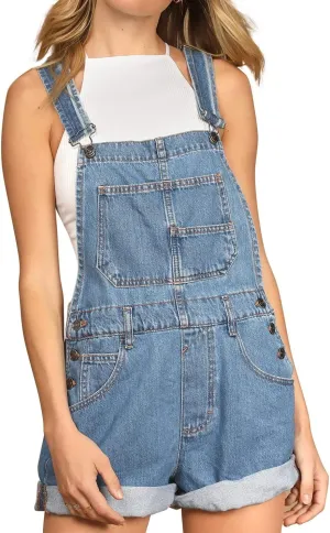 Women's Casual Denim Bib Overall Shorts Adjustable Straps Cuffed Hem Shortall Rompers