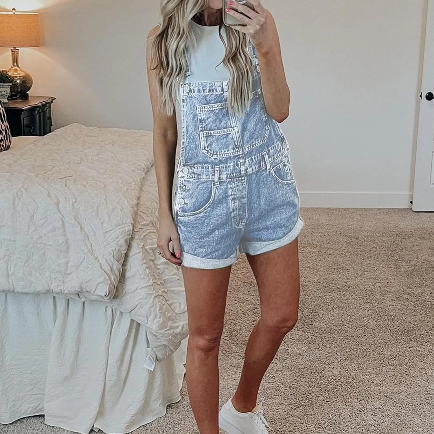 Women's Casual Denim Bib Overall Shorts Adjustable Straps Cuffed Hem Shortall Rompers