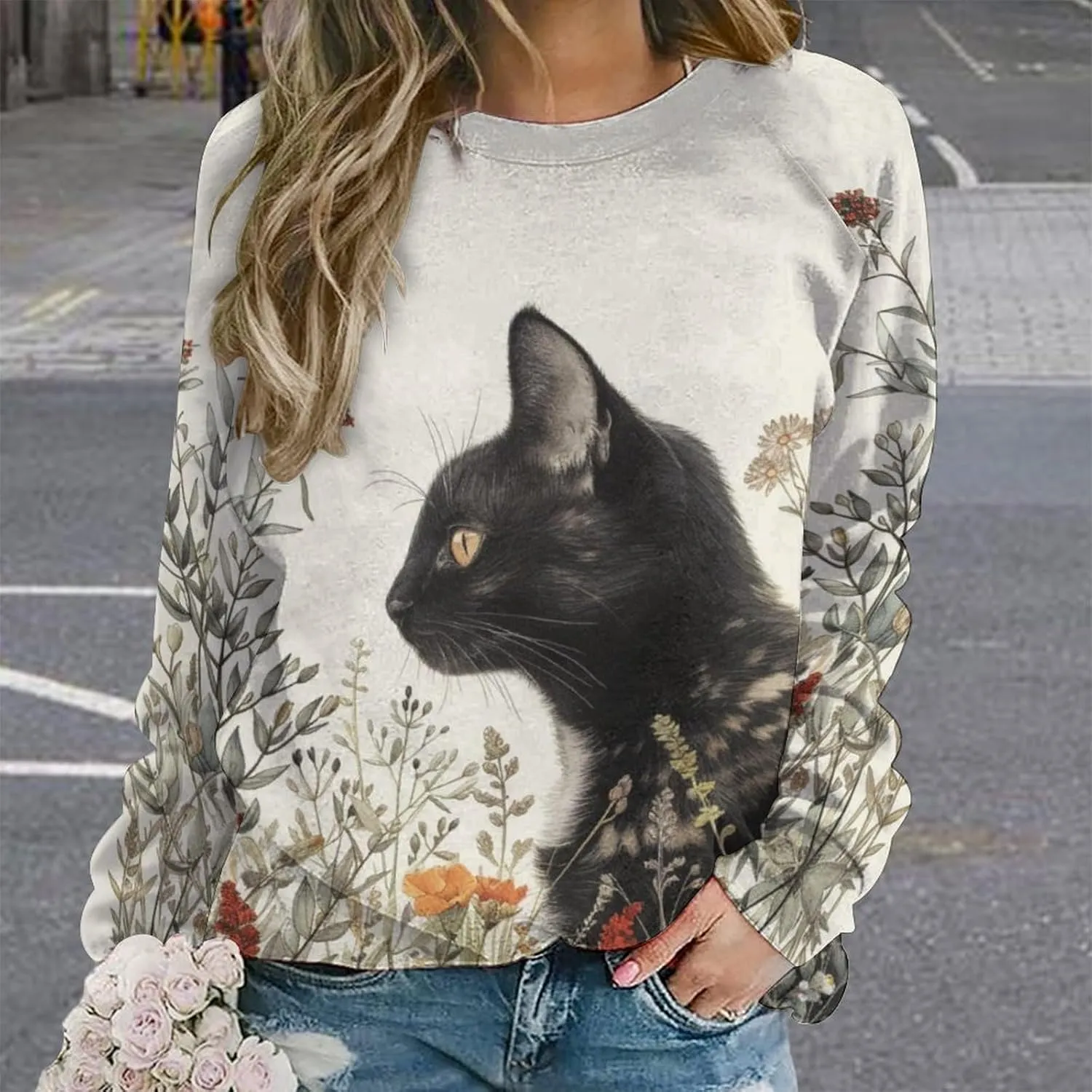 Womens Cat Sweatshirts Cute Graphic Printed Long Sleeve Crewneck Pullover Shirts Cat Lovers Tunic Tops for Girls