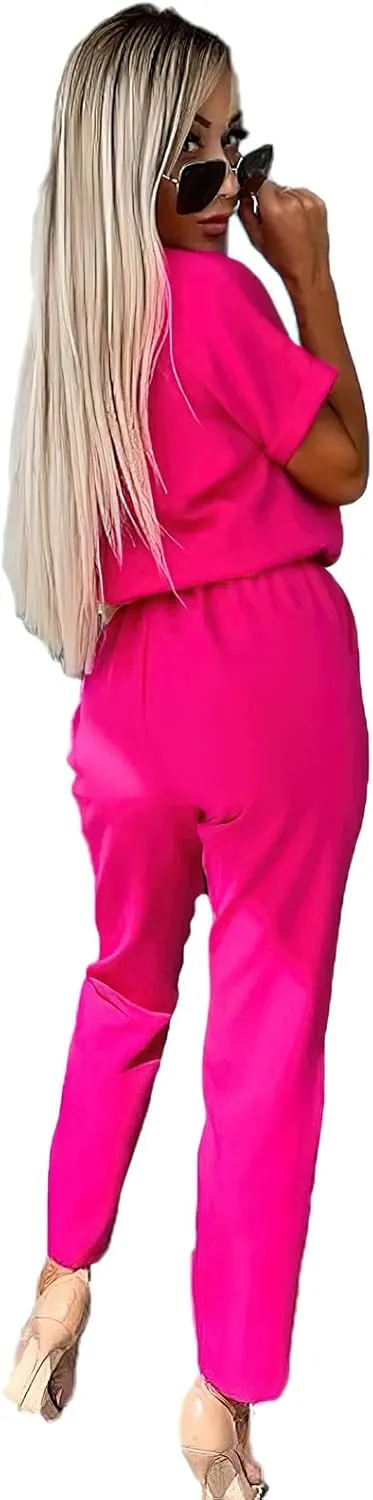 Women's Deep V Neck Short Sleeve Jumpsuits Long Pant Romper with Pockets