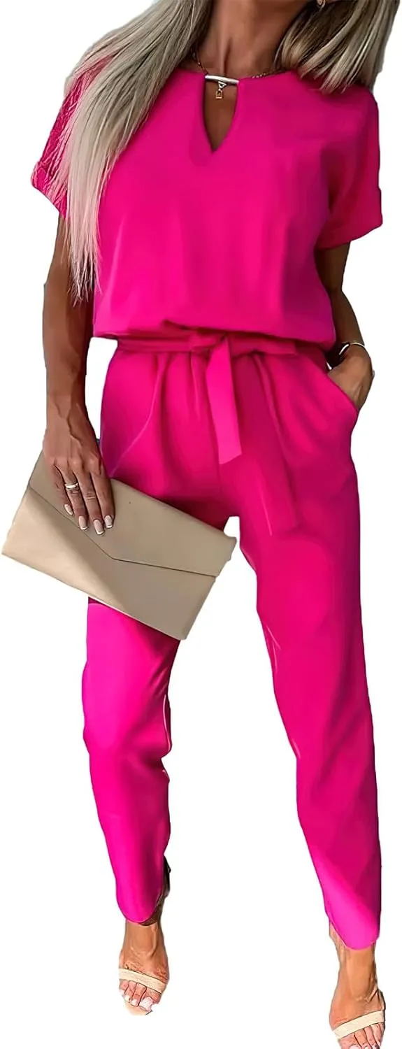 Women's Deep V Neck Short Sleeve Jumpsuits Long Pant Romper with Pockets