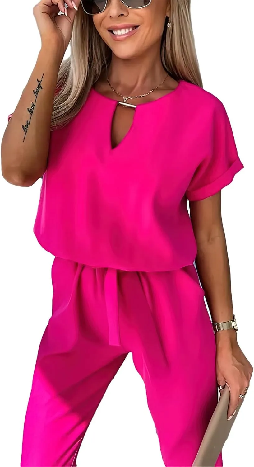 Women's Deep V Neck Short Sleeve Jumpsuits Long Pant Romper with Pockets