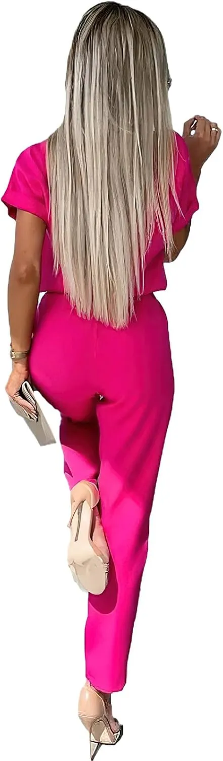 Women's Deep V Neck Short Sleeve Jumpsuits Long Pant Romper with Pockets