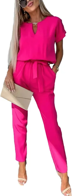 Women's Deep V Neck Short Sleeve Jumpsuits Long Pant Romper with Pockets