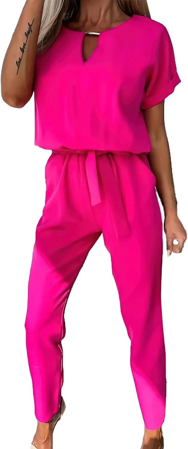 Women's Deep V Neck Short Sleeve Jumpsuits Long Pant Romper with Pockets