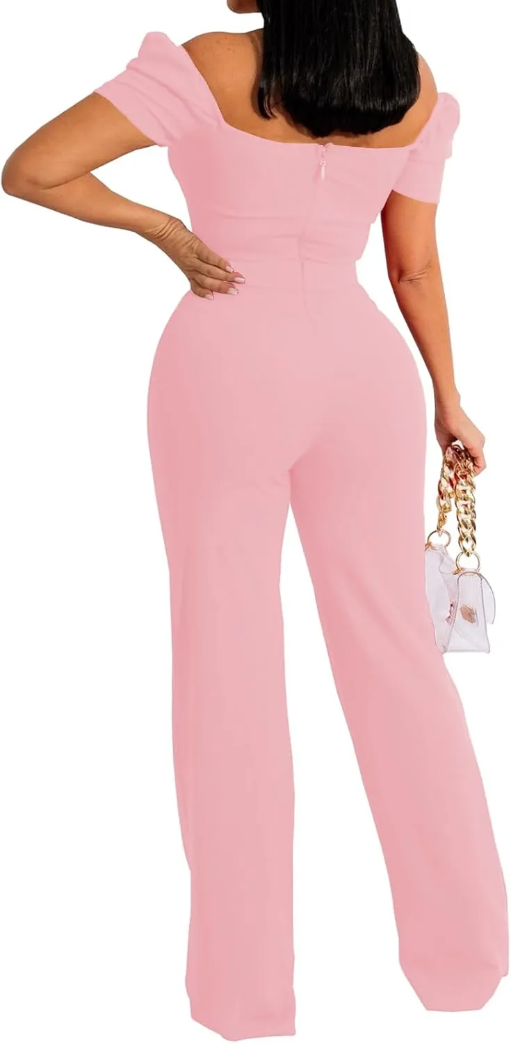 Women's Elegant Sexy Off Shoulder Short Sleeve Wide Leg Pants Long Pant Onesie Clubwear Party Dressy Jumpsuits