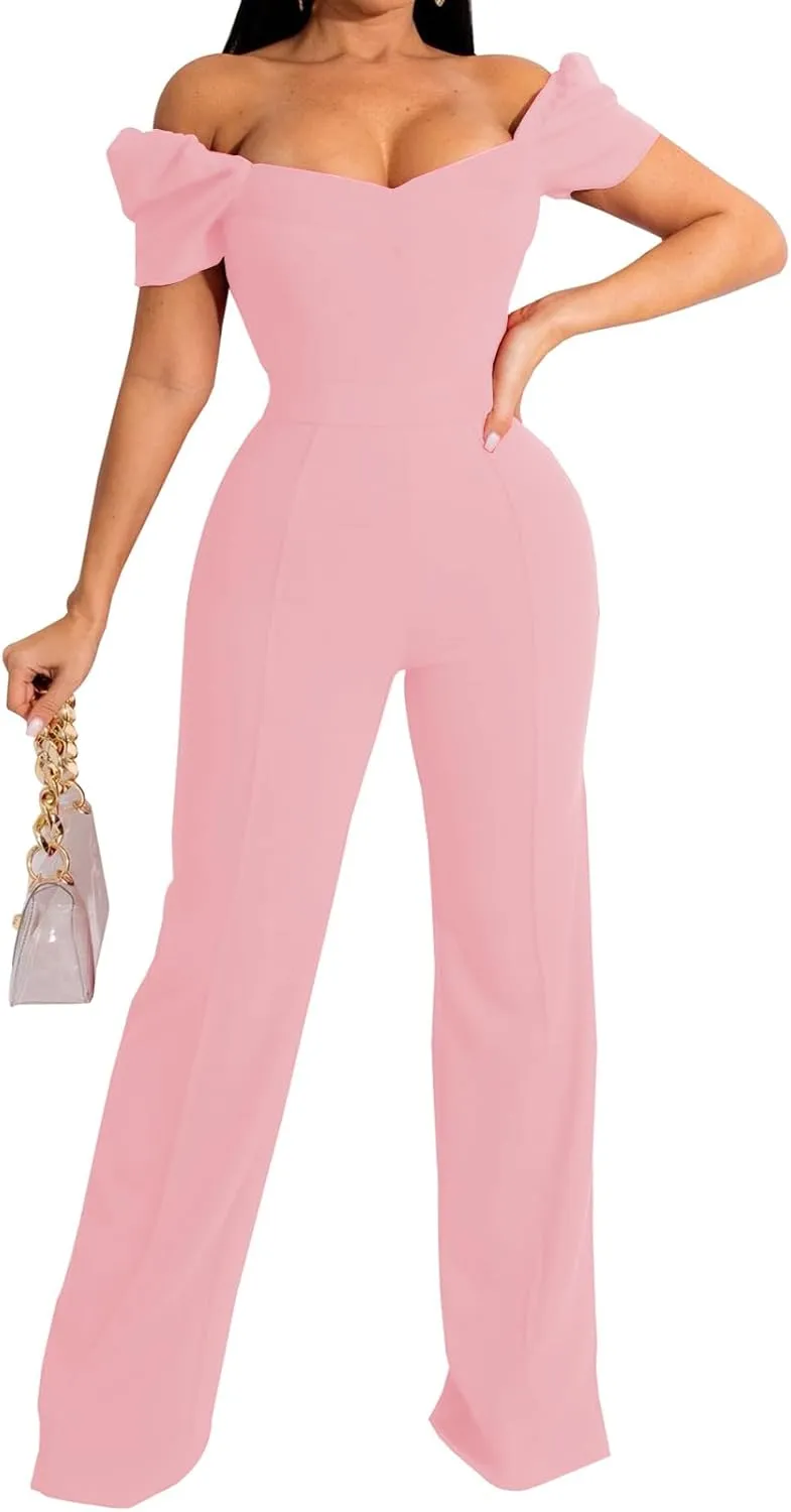 Women's Elegant Sexy Off Shoulder Short Sleeve Wide Leg Pants Long Pant Onesie Clubwear Party Dressy Jumpsuits