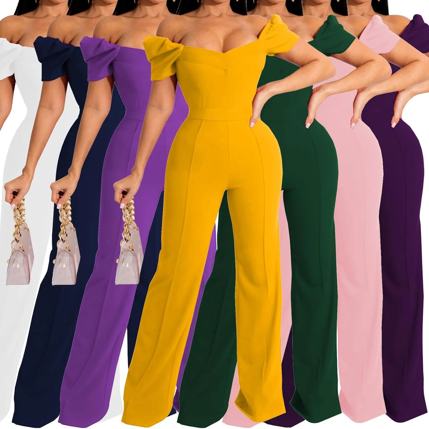 Women's Elegant Sexy Off Shoulder Short Sleeve Wide Leg Pants Long Pant Onesie Clubwear Party Dressy Jumpsuits