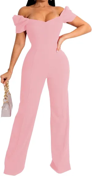 Women's Elegant Sexy Off Shoulder Short Sleeve Wide Leg Pants Long Pant Onesie Clubwear Party Dressy Jumpsuits
