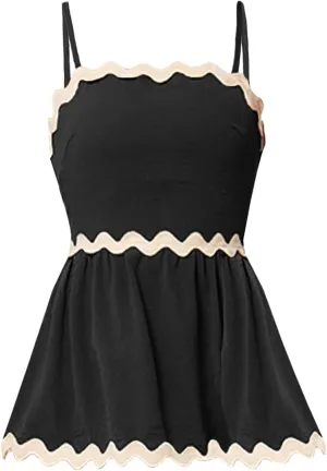 Women's Elegant Sleeveless Peplum Tops Summer Crewneck/Spaghetti Straps Cami Shirts S-3XL