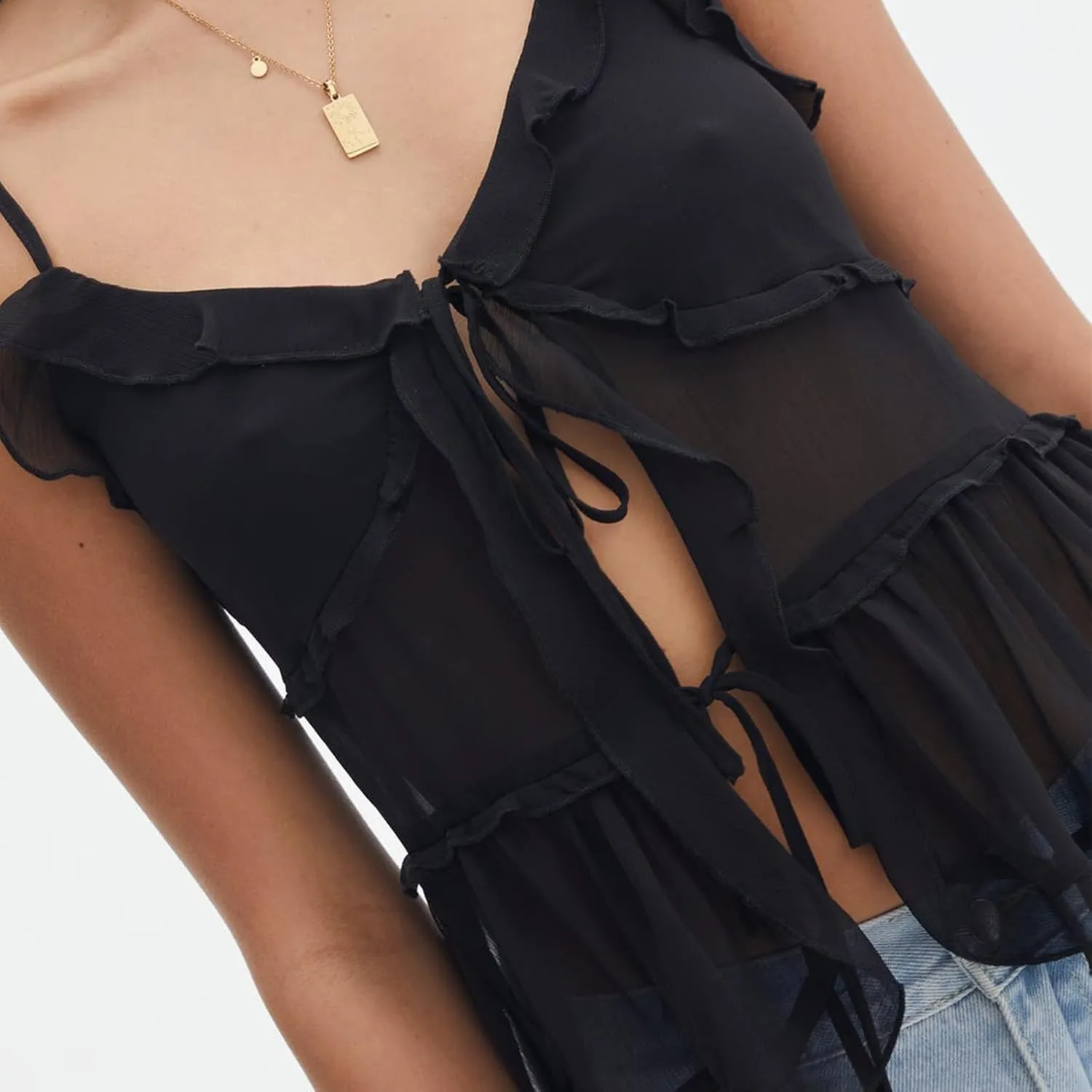 Womens Front Tie Tank Top Spaghetti Strap V Neck Camisole Sleeveless Backless Sheer Mesh Ruffle Crop Cami Tops