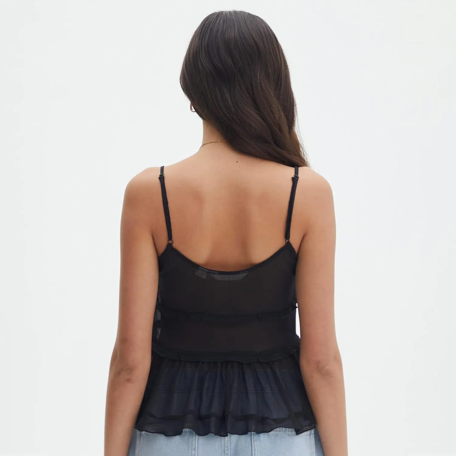 Womens Front Tie Tank Top Spaghetti Strap V Neck Camisole Sleeveless Backless Sheer Mesh Ruffle Crop Cami Tops