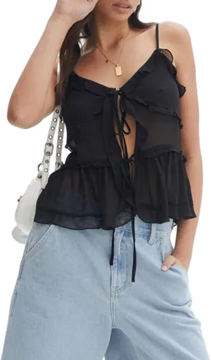 Womens Front Tie Tank Top Spaghetti Strap V Neck Camisole Sleeveless Backless Sheer Mesh Ruffle Crop Cami Tops