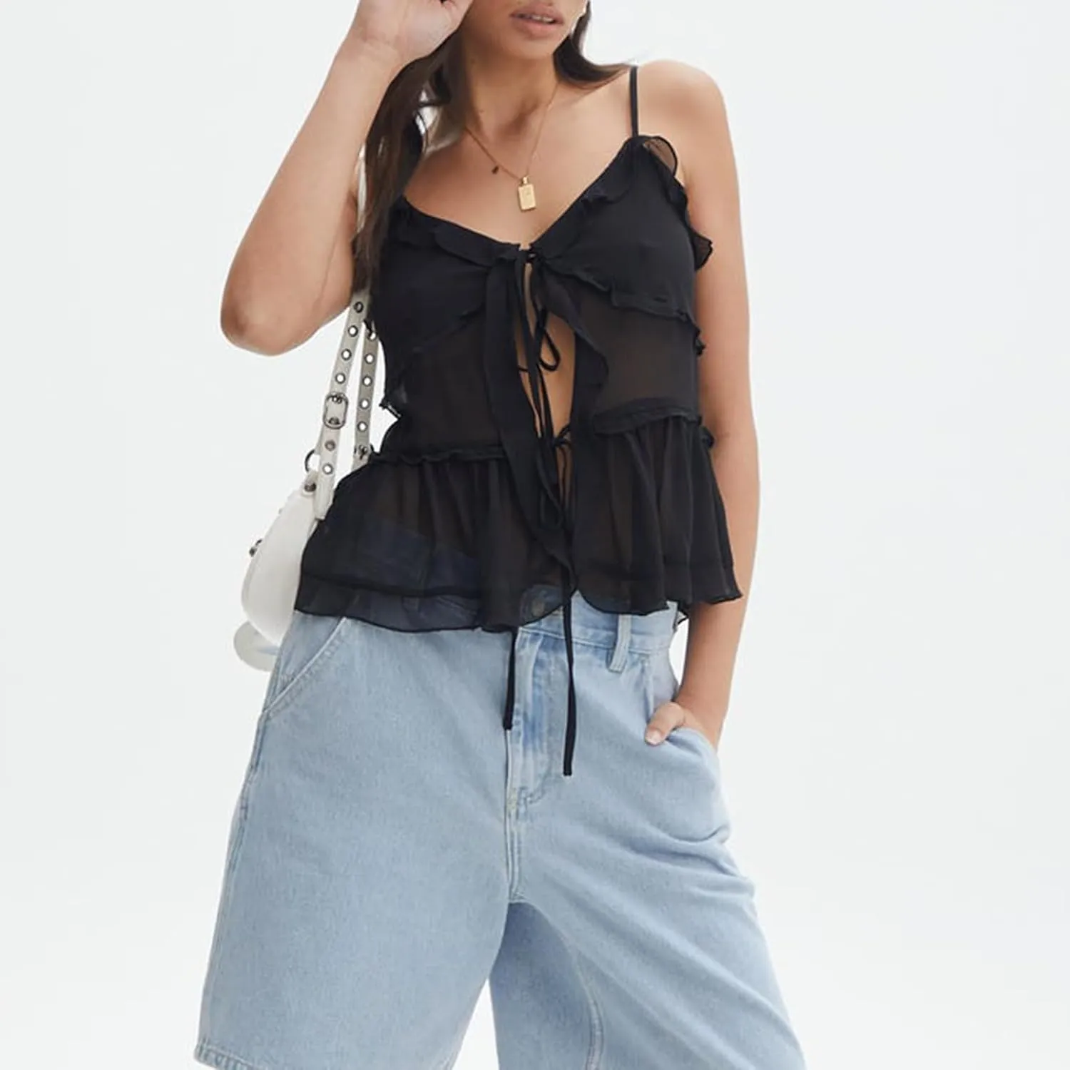 Womens Front Tie Tank Top Spaghetti Strap V Neck Camisole Sleeveless Backless Sheer Mesh Ruffle Crop Cami Tops