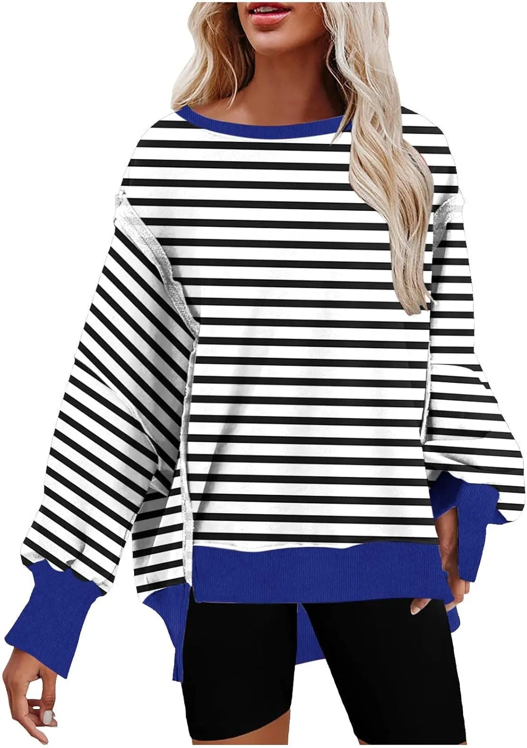 Womens Oversize Striped Sweatshirts Crew Neck Long Sleeve Top Patchwork Hoodie Irregular Hem Pullover Fall Clothes