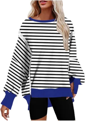 Womens Oversize Striped Sweatshirts Crew Neck Long Sleeve Top Patchwork Hoodie Irregular Hem Pullover Fall Clothes