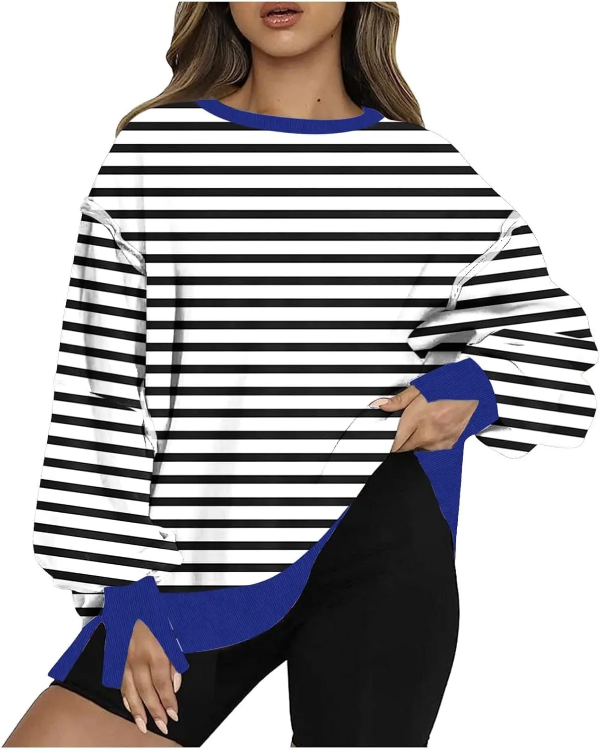 Womens Oversize Striped Sweatshirts Crew Neck Long Sleeve Top Patchwork Hoodie Irregular Hem Pullover Fall Clothes