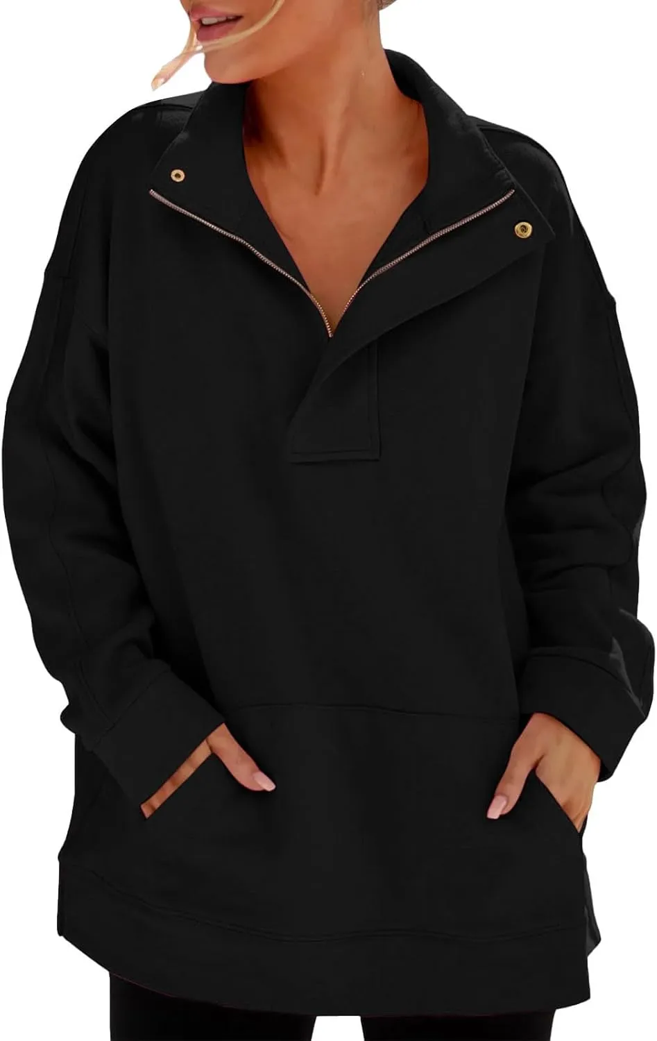 Women's Oversized Quarter Zip Sweatshirts Casual Sports Half-zip Long Sleeve Pullover Tops Solid Color Sweatshirt