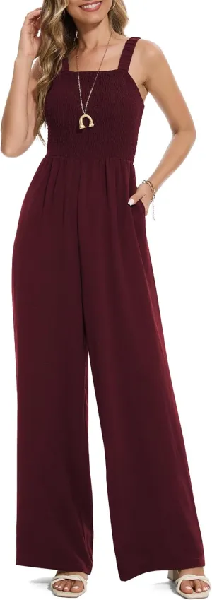 Women's Petite Regular Tall Casual Loose Overalls Jumpsuits One Piece Sleeveless Wide Leg Pants Rompers