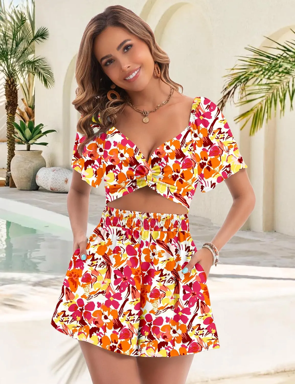Womens Romper Summer Sexy V Neck Twist Puff Short Sleeve Casual Spring Mini Short Romper Jumpsuit