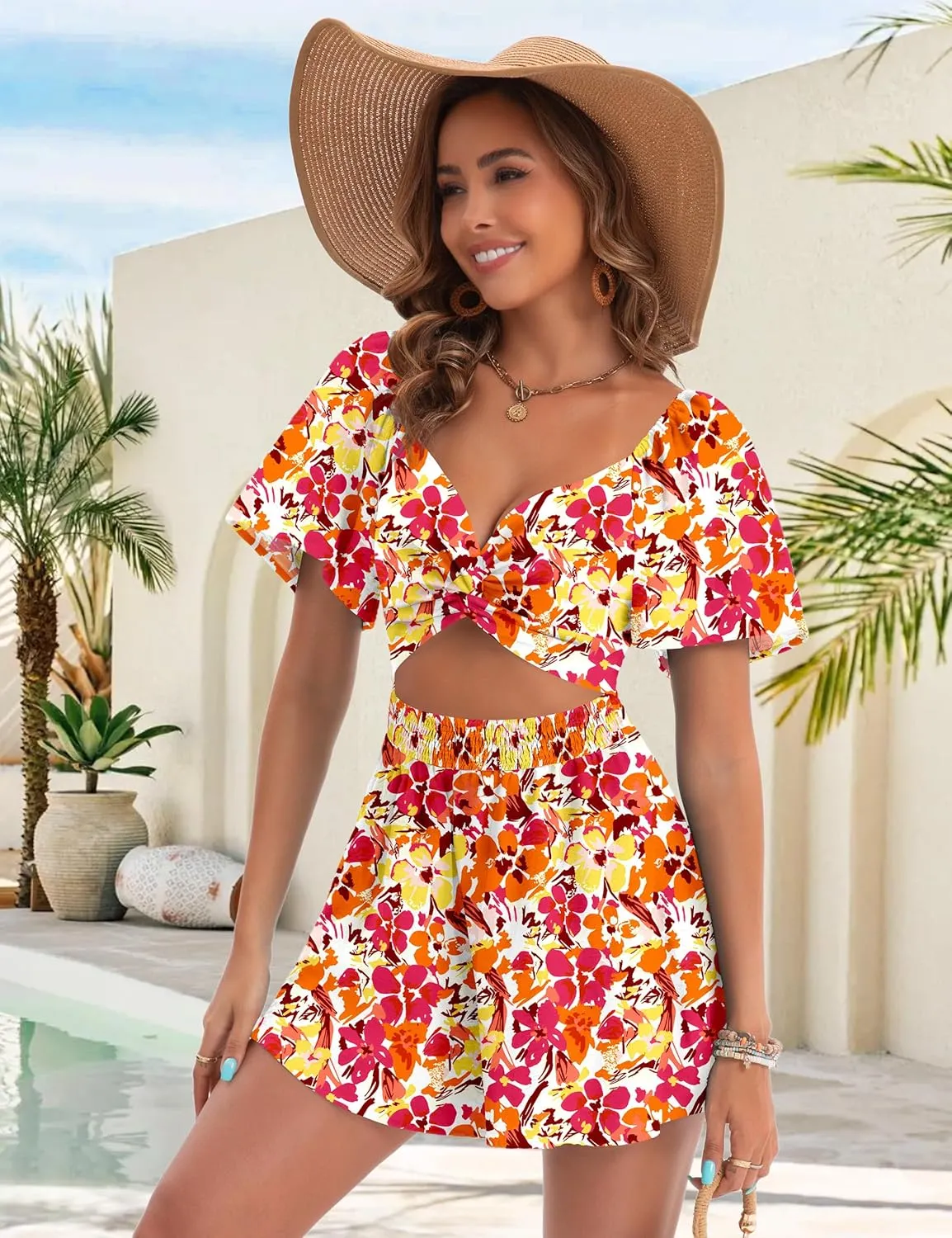 Womens Romper Summer Sexy V Neck Twist Puff Short Sleeve Casual Spring Mini Short Romper Jumpsuit