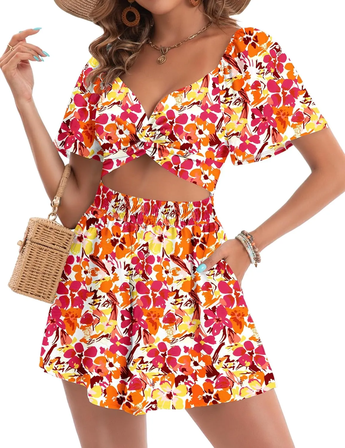 Womens Romper Summer Sexy V Neck Twist Puff Short Sleeve Casual Spring Mini Short Romper Jumpsuit