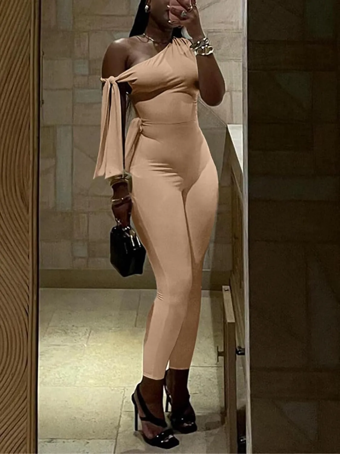 Women's Sexy One Off Shoulder Jumpsuits Sleeveless Bodycon Rompers One Piece Outfits