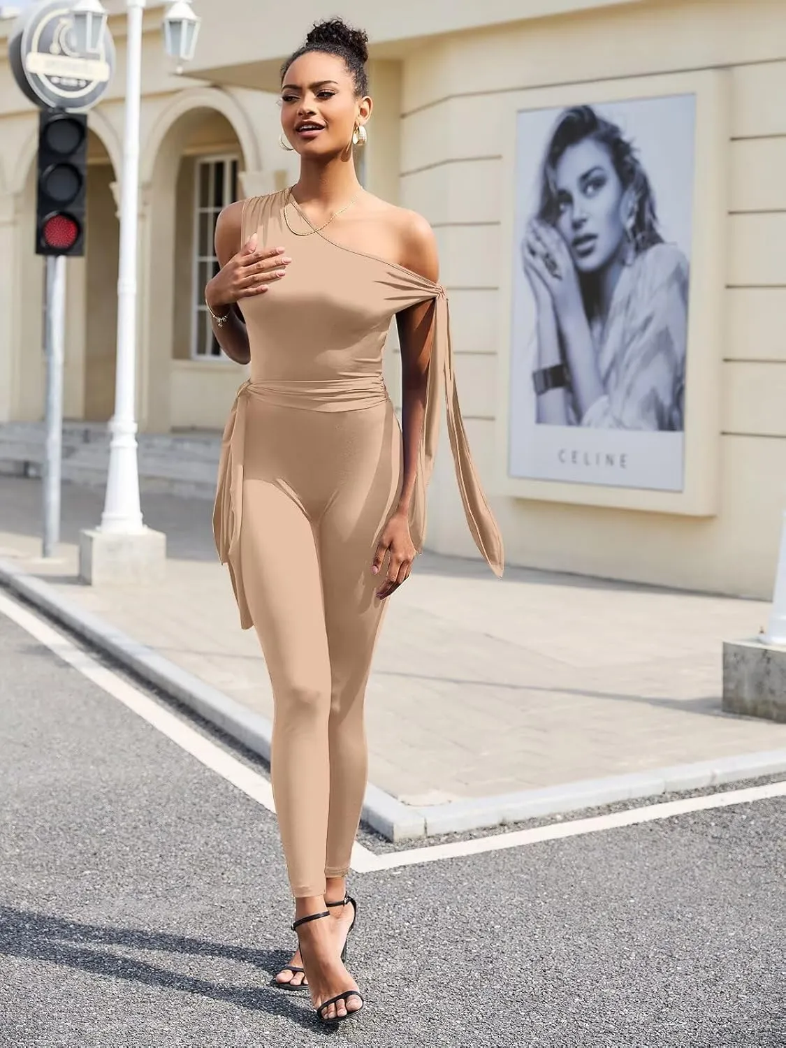 Women's Sexy One Off Shoulder Jumpsuits Sleeveless Bodycon Rompers One Piece Outfits