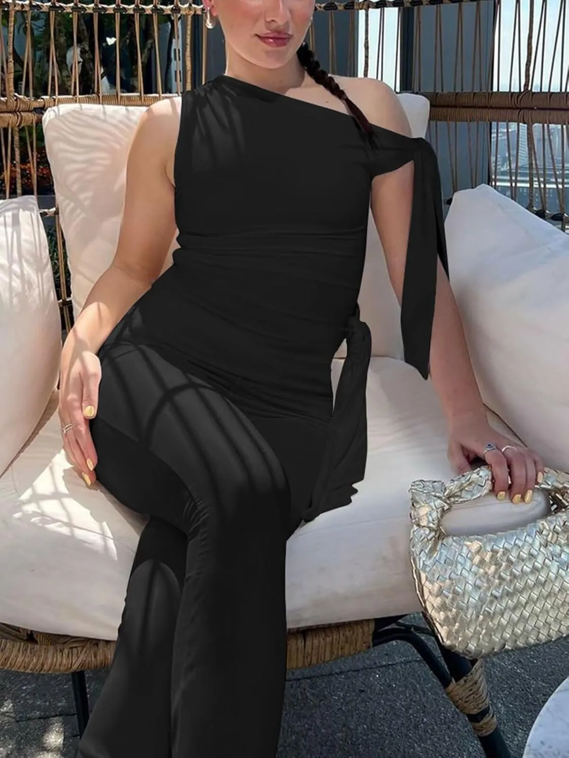 Women's Sexy One Off Shoulder Jumpsuits Sleeveless Bodycon Rompers One Piece Outfits