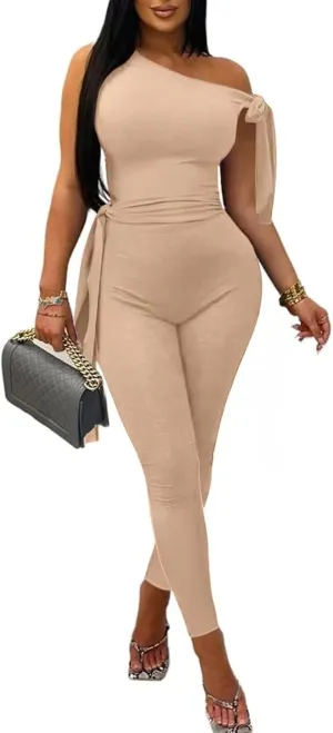 Women's Sexy One Off Shoulder Jumpsuits Sleeveless Bodycon Rompers One Piece Outfits