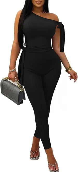 Women's Sexy One Off Shoulder Jumpsuits Sleeveless Bodycon Rompers One Piece Outfits