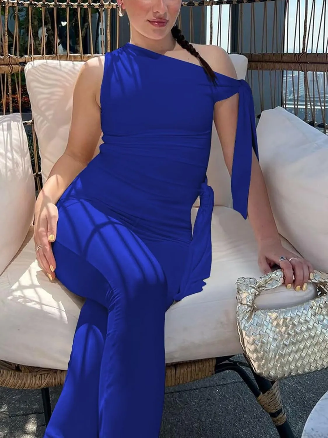 Women's Sexy One Off Shoulder Jumpsuits Sleeveless Bodycon Rompers One Piece Outfits