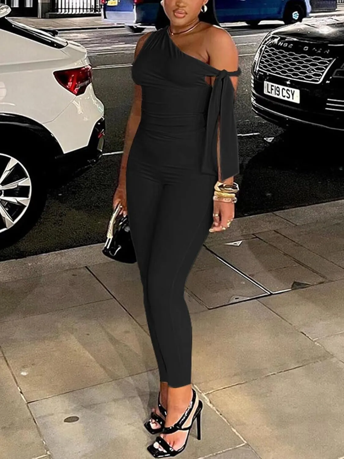 Women's Sexy One Off Shoulder Jumpsuits Sleeveless Bodycon Rompers One Piece Outfits