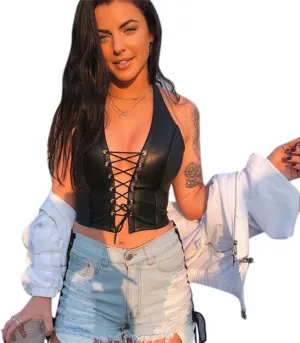 Women's Sexy PU Leather Crop Tank Tops Halter Lace Up Camisole Vest for Casual Party Festival Rave