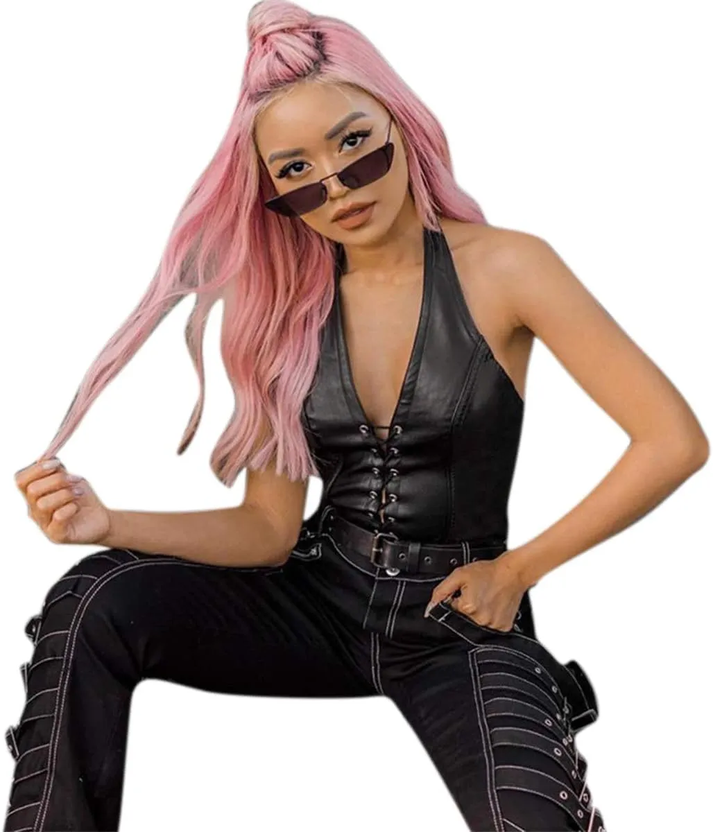 Women's Sexy PU Leather Crop Tank Tops Halter Lace Up Camisole Vest for Casual Party Festival Rave