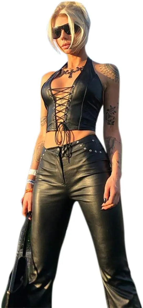 Women's Sexy PU Leather Crop Tank Tops Halter Lace Up Camisole Vest for Casual Party Festival Rave