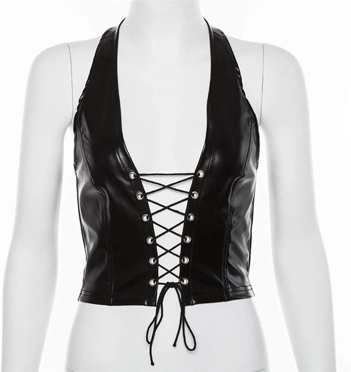 Women's Sexy PU Leather Crop Tank Tops Halter Lace Up Camisole Vest for Casual Party Festival Rave