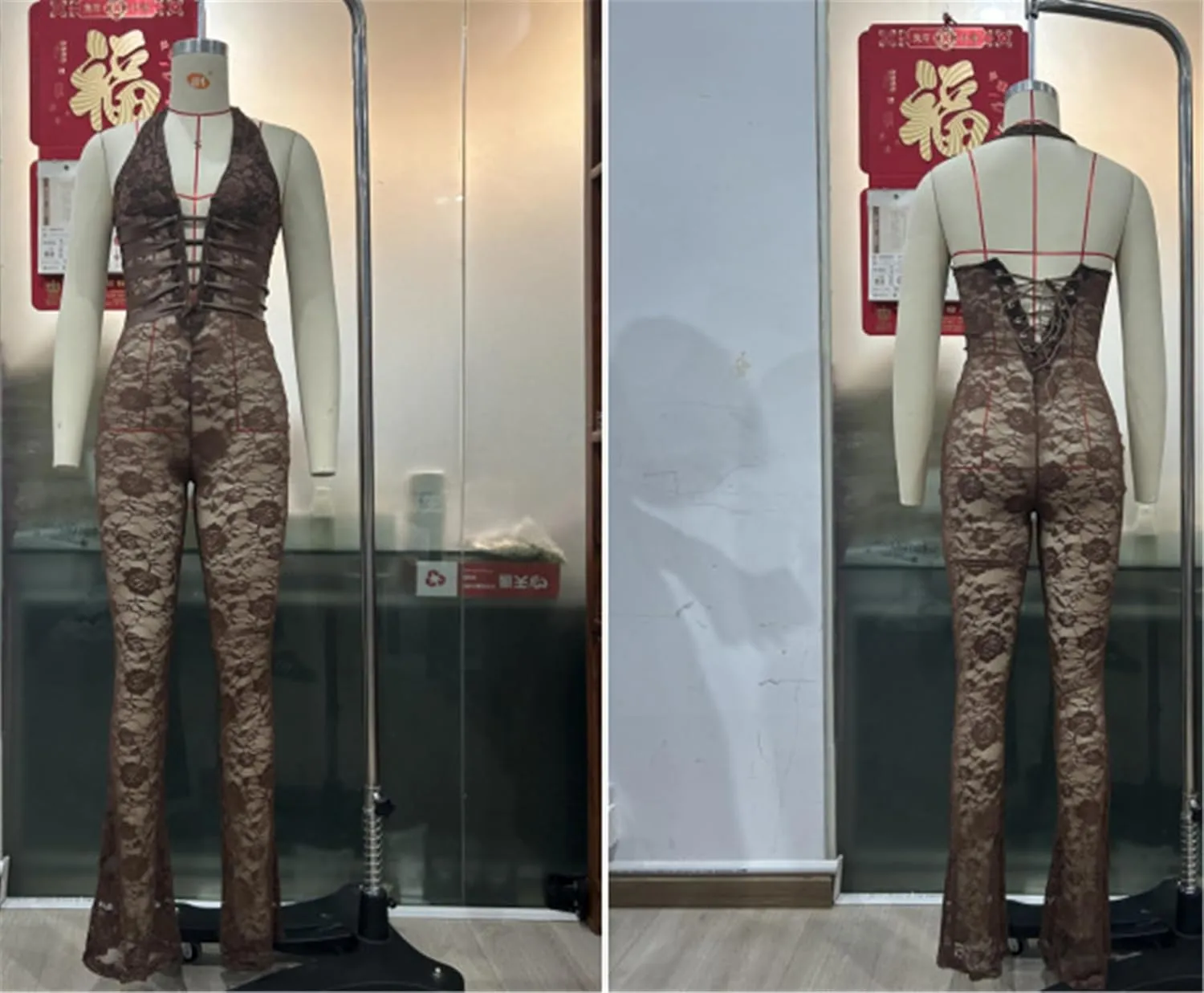 Womens Sexy Sleeveless Lace See-Through Deep V Neck Lace Up Bodycon Party Clubwear Jumpsuit Rompers