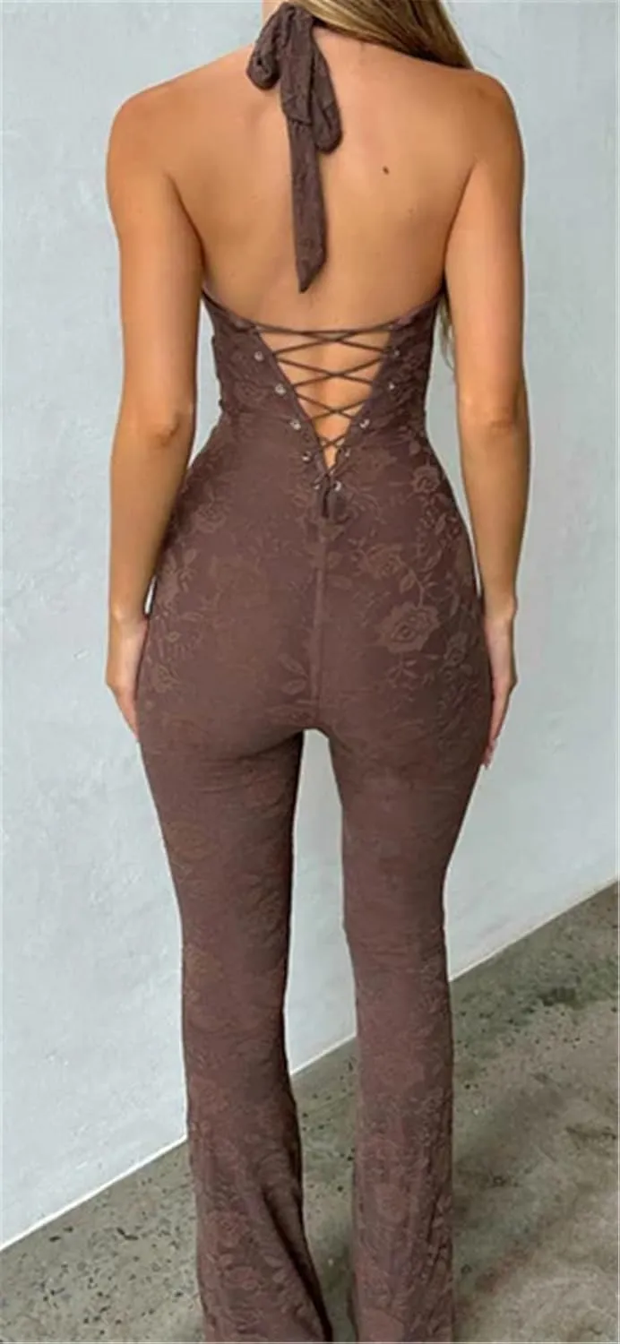 Womens Sexy Sleeveless Lace See-Through Deep V Neck Lace Up Bodycon Party Clubwear Jumpsuit Rompers