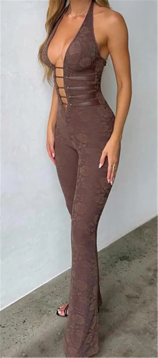 Womens Sexy Sleeveless Lace See-Through Deep V Neck Lace Up Bodycon Party Clubwear Jumpsuit Rompers