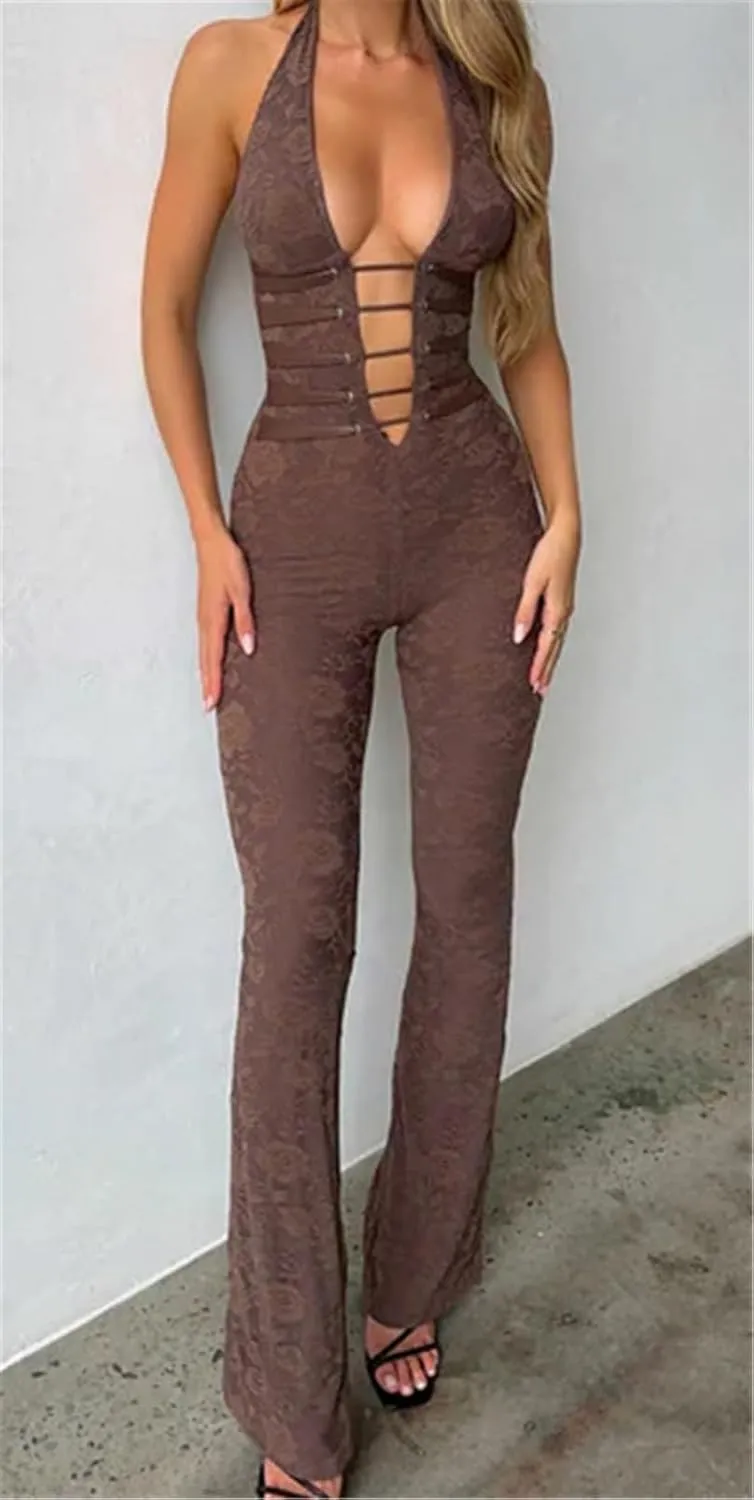 Womens Sexy Sleeveless Lace See-Through Deep V Neck Lace Up Bodycon Party Clubwear Jumpsuit Rompers