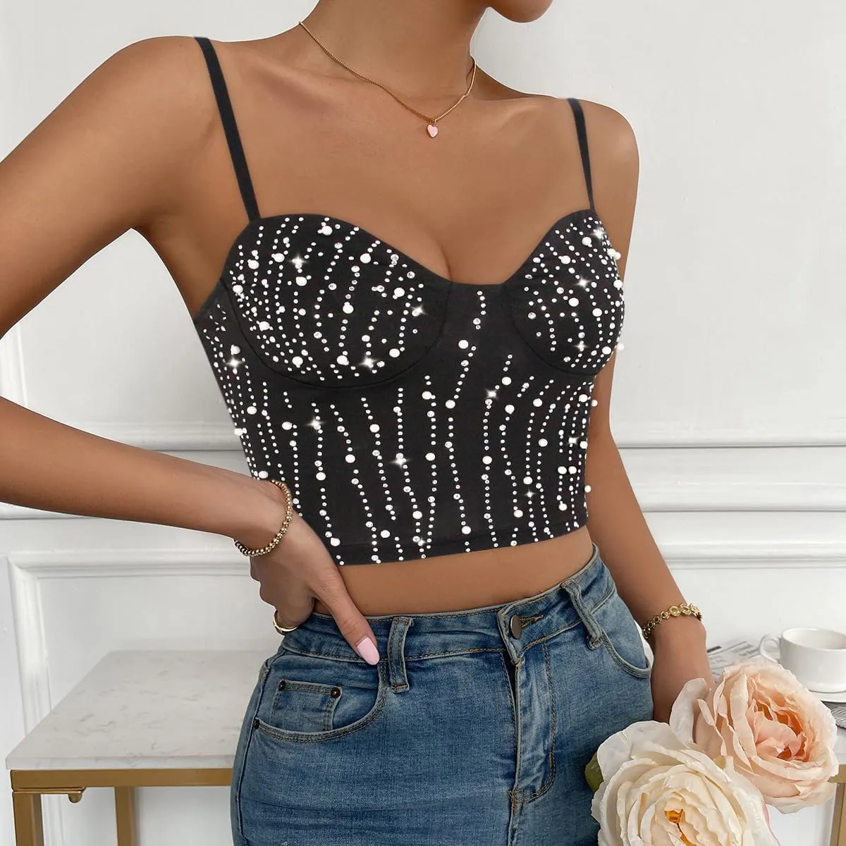 Women's Sparkle Rhinestone Spaghetti Strap Crop Tank Top Shiny Rave Crop Camisole Bustier