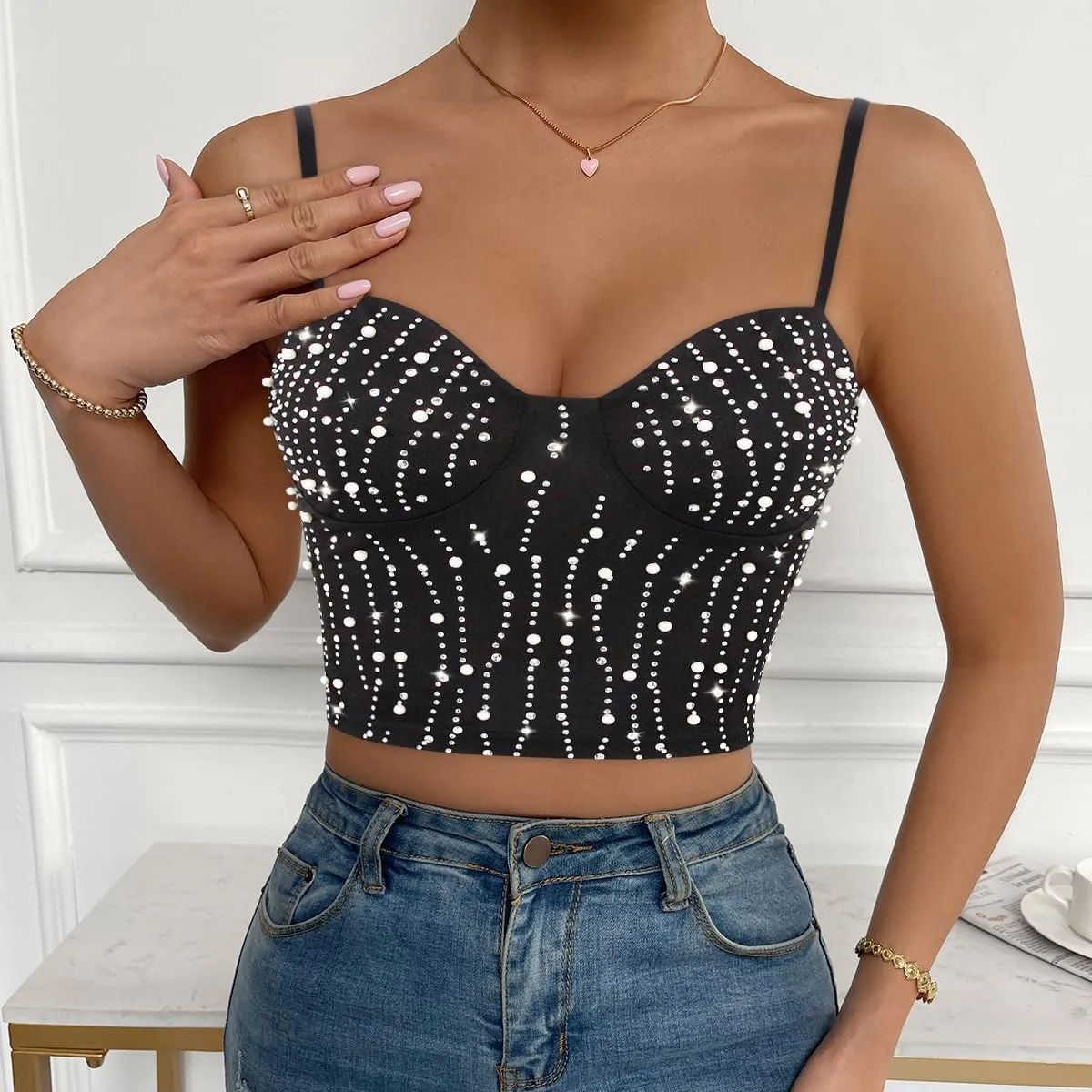 Women's Sparkle Rhinestone Spaghetti Strap Crop Tank Top Shiny Rave Crop Camisole Bustier