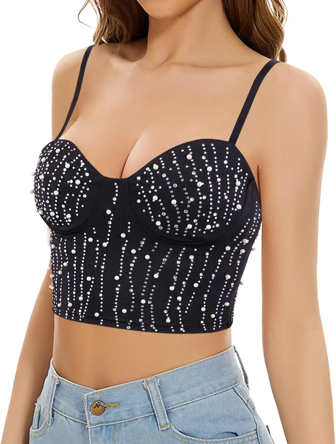 Women's Sparkle Rhinestone Spaghetti Strap Crop Tank Top Shiny Rave Crop Camisole Bustier