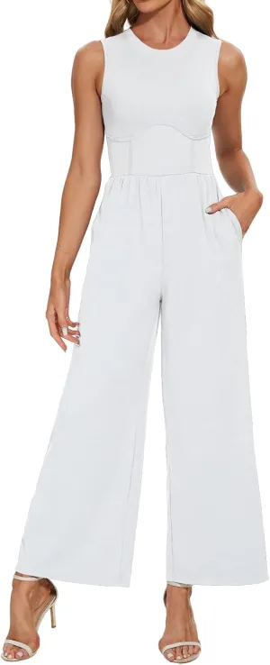 Women's Summer Jumpsuits Dressy Crewneck Wide Leg Stretchy Dressy Romper with Pockets