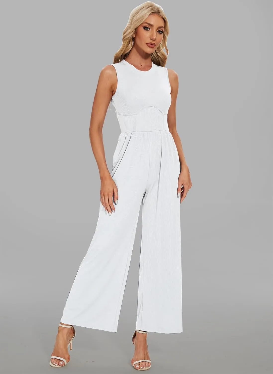 Women's Summer Jumpsuits Dressy Crewneck Wide Leg Stretchy Dressy Romper with Pockets