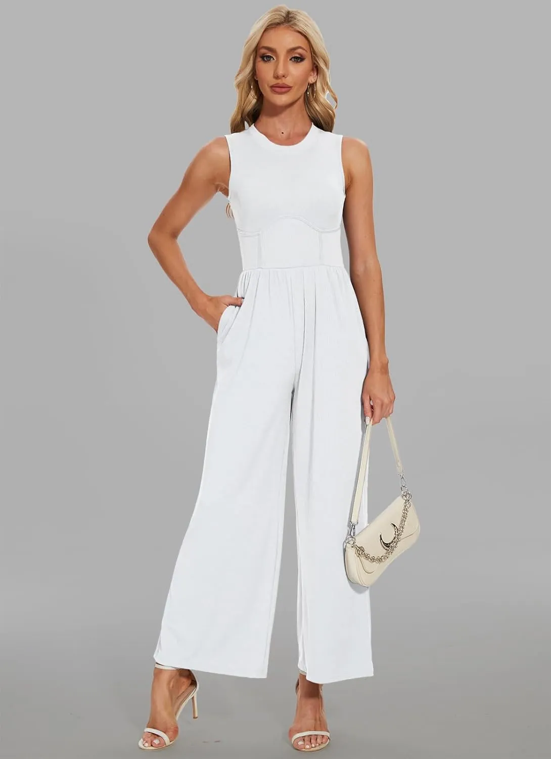 Women's Summer Jumpsuits Dressy Crewneck Wide Leg Stretchy Dressy Romper with Pockets